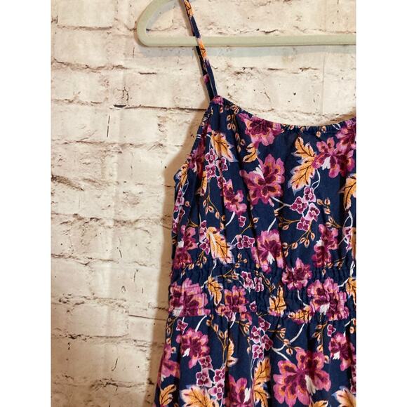 Old Navy Linen Midi Dress Womens Medium Navy & Purple Floral Babydoll Tiered - Picture 5 of 15